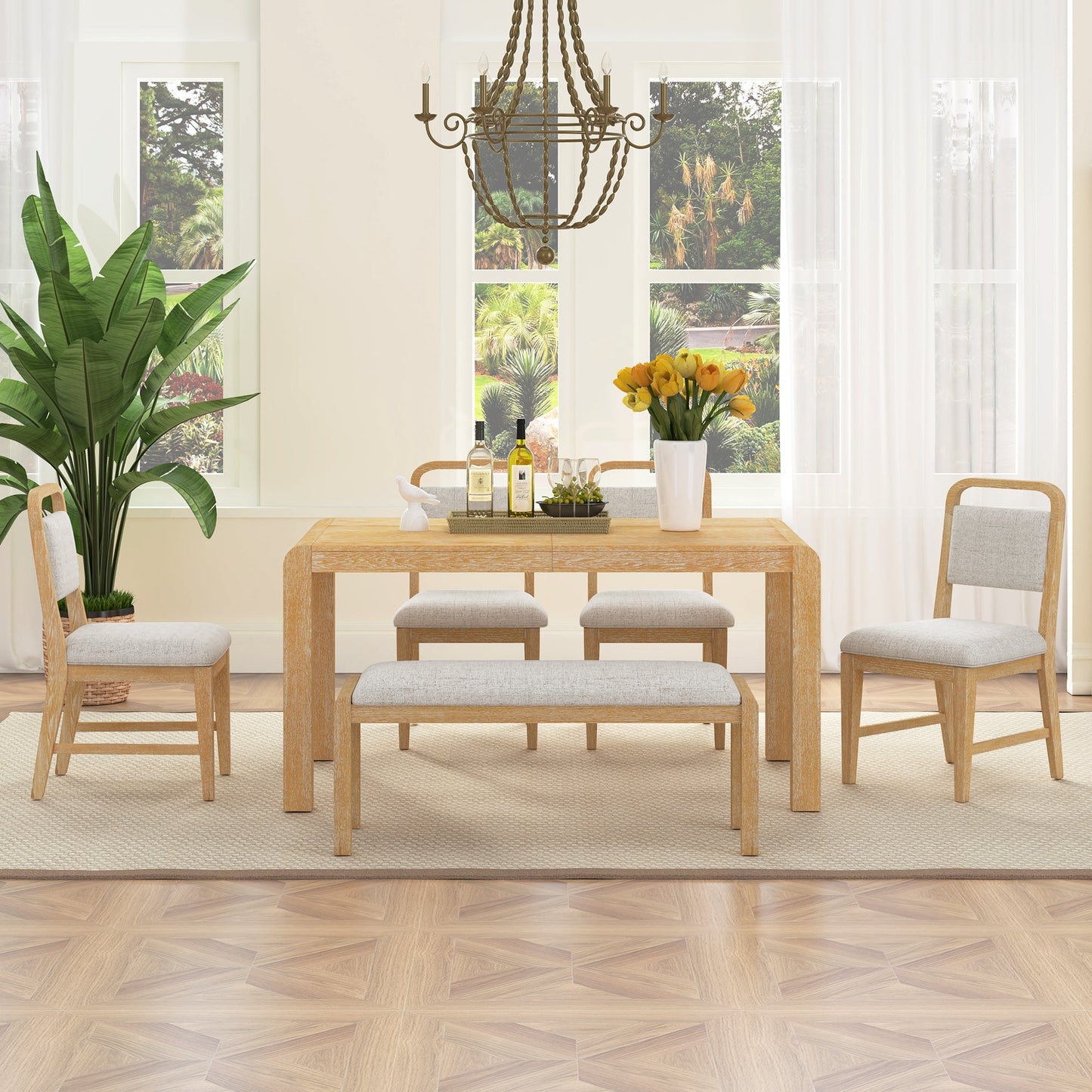 [Video Provided] TREXM Vintage Extendable Dining Table Set for 4 - 6 with 4 Upholstered Chairs and 1 Bench, Rustic Wire Brushed Kitchen Table Set with Curved Design for Dining Room and Kitchen (Natural) - 1st Choice Furniture Direct