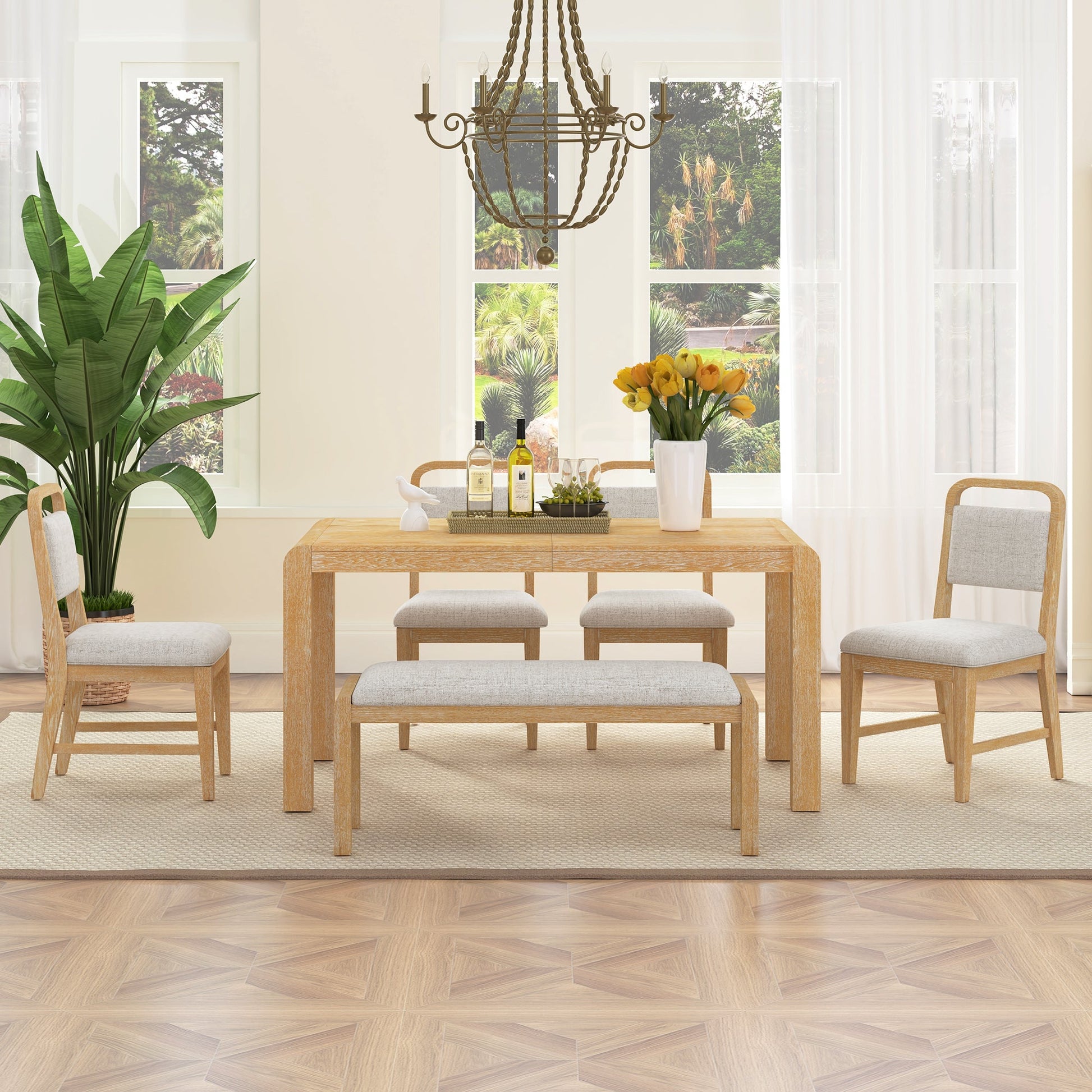 [Video Provided] TREXM Vintage Extendable Dining Table Set for 4 - 6 with 4 Upholstered Chairs and 1 Bench, Rustic Wire Brushed Kitchen Table Set with Curved Design for Dining Room and Kitchen (Natural) - 1st Choice Furniture Direct