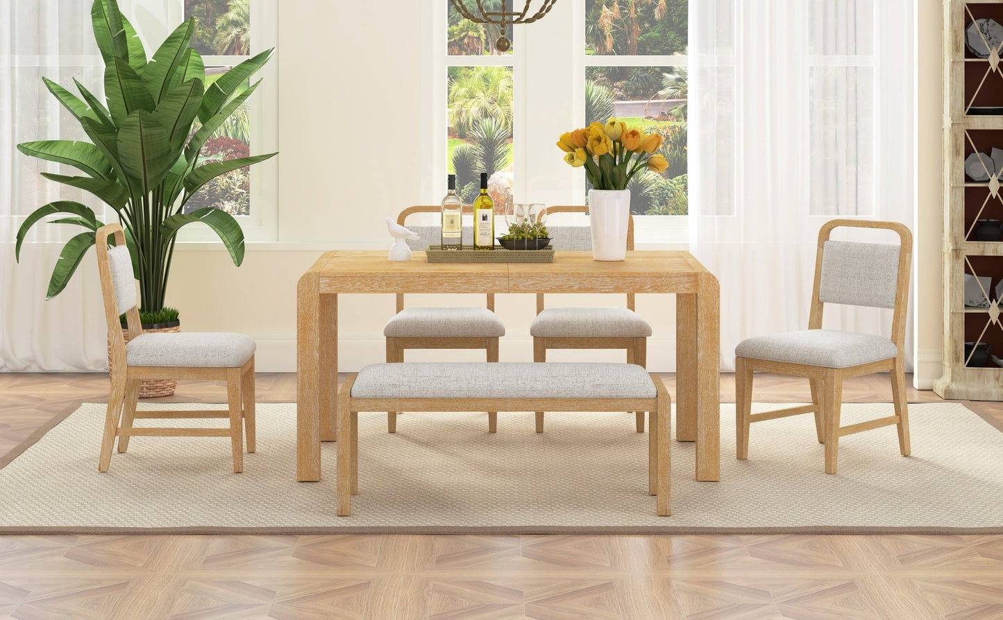 [Video Provided] TREXM Vintage Extendable Dining Table Set for 4 - 6 with 4 Upholstered Chairs and 1 Bench, Rustic Wire Brushed Kitchen Table Set with Curved Design for Dining Room and Kitchen (Natural) - 1st Choice Furniture Direct