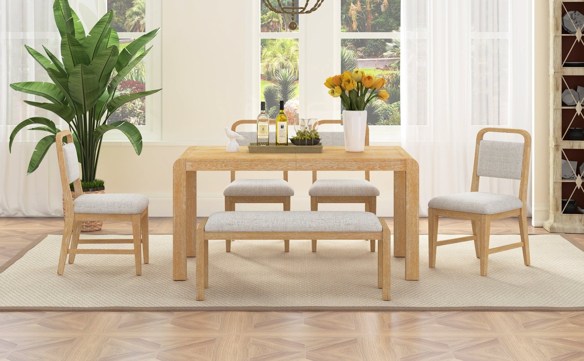 [Video Provided] TREXM Vintage Extendable Dining Table Set for 4 - 6 with 4 Upholstered Chairs and 1 Bench, Rustic Wire Brushed Kitchen Table Set with Curved Design for Dining Room and Kitchen (Natural) - 1st Choice Furniture Direct