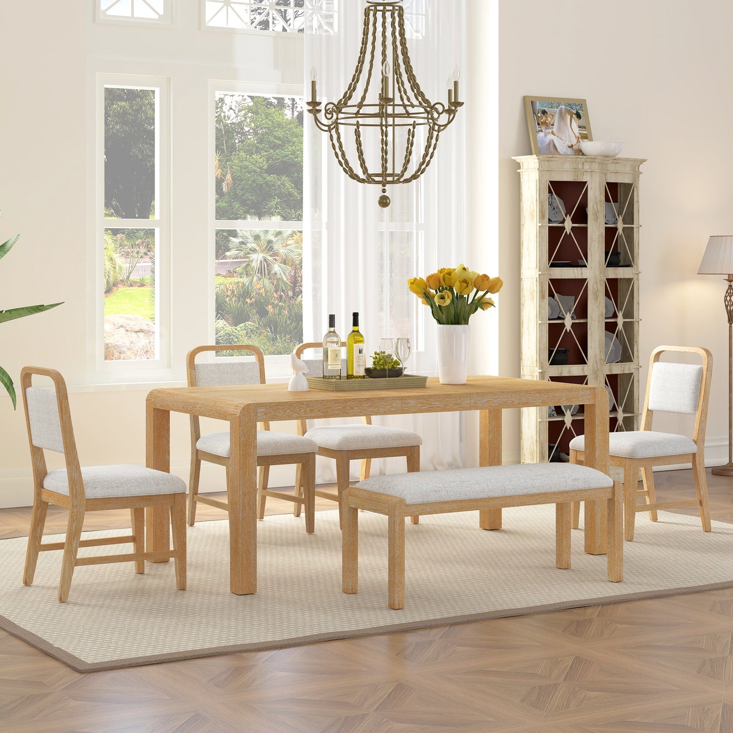 [Video Provided] TREXM Vintage Extendable Dining Table Set for 4 - 6 with 4 Upholstered Chairs and 1 Bench, Rustic Wire Brushed Kitchen Table Set with Curved Design for Dining Room and Kitchen (Natural) - 1st Choice Furniture Direct