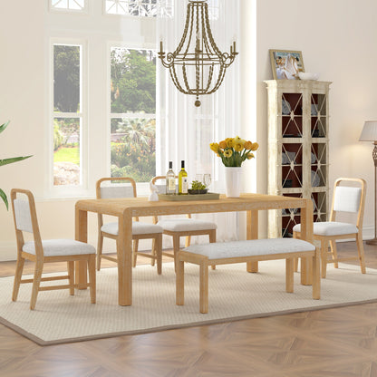 [Video Provided] TREXM Vintage Extendable Dining Table Set for 4 - 6 with 4 Upholstered Chairs and 1 Bench, Rustic Wire Brushed Kitchen Table Set with Curved Design for Dining Room and Kitchen (Natural) - 1st Choice Furniture Direct