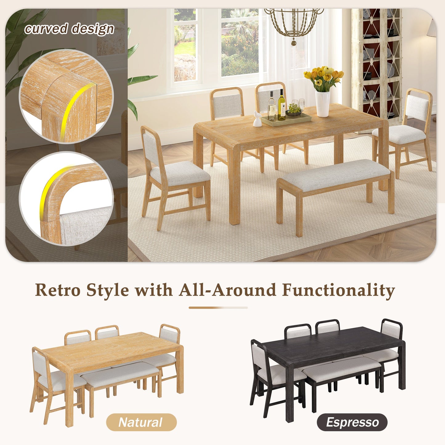 [Video Provided] TREXM Vintage Extendable Dining Table Set for 4 - 6 with 4 Upholstered Chairs and 1 Bench, Rustic Wire Brushed Kitchen Table Set with Curved Design for Dining Room and Kitchen (Natural) - 1st Choice Furniture Direct