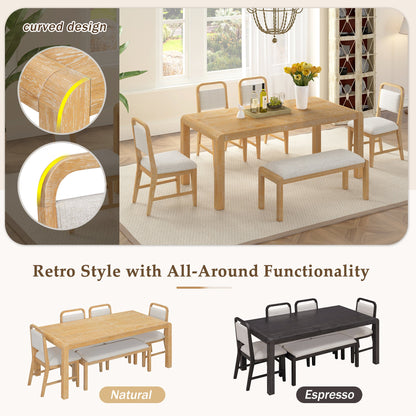 [Video Provided] TREXM Vintage Extendable Dining Table Set for 4 - 6 with 4 Upholstered Chairs and 1 Bench, Rustic Wire Brushed Kitchen Table Set with Curved Design for Dining Room and Kitchen (Natural) - 1st Choice Furniture Direct