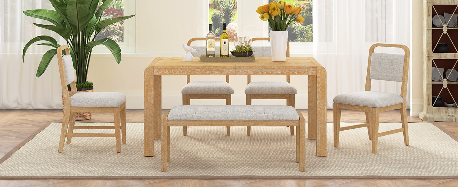 [Video Provided] TREXM Vintage Extendable Dining Table Set for 4 - 6 with 4 Upholstered Chairs and 1 Bench, Rustic Wire Brushed Kitchen Table Set with Curved Design for Dining Room and Kitchen (Natural) - 1st Choice Furniture Direct