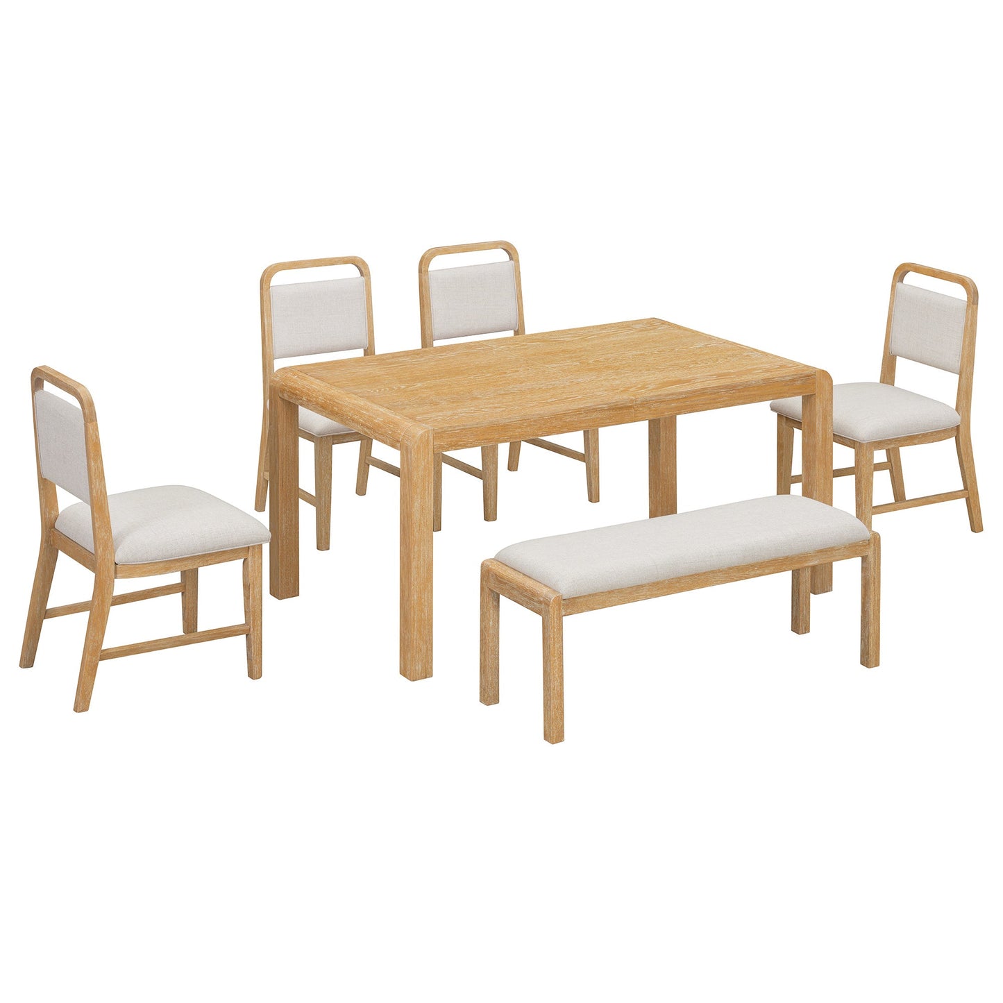 [Video Provided] TREXM Vintage Extendable Dining Table Set for 4 - 6 with 4 Upholstered Chairs and 1 Bench, Rustic Wire Brushed Kitchen Table Set with Curved Design for Dining Room and Kitchen (Natural) - 1st Choice Furniture Direct