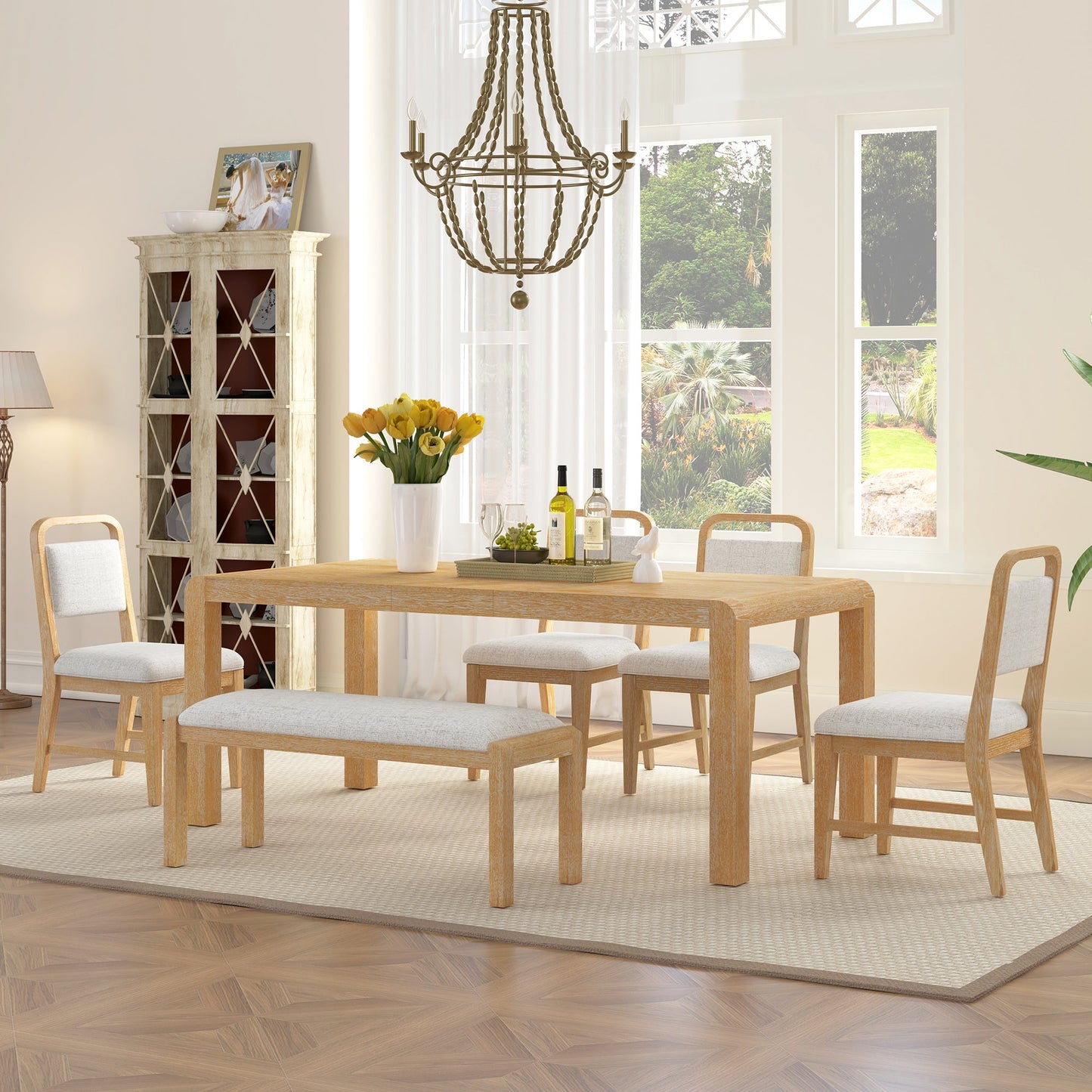 [Video Provided] TREXM Vintage Extendable Dining Table Set for 4 - 6 with 4 Upholstered Chairs and 1 Bench, Rustic Wire Brushed Kitchen Table Set with Curved Design for Dining Room and Kitchen (Natural) - 1st Choice Furniture Direct