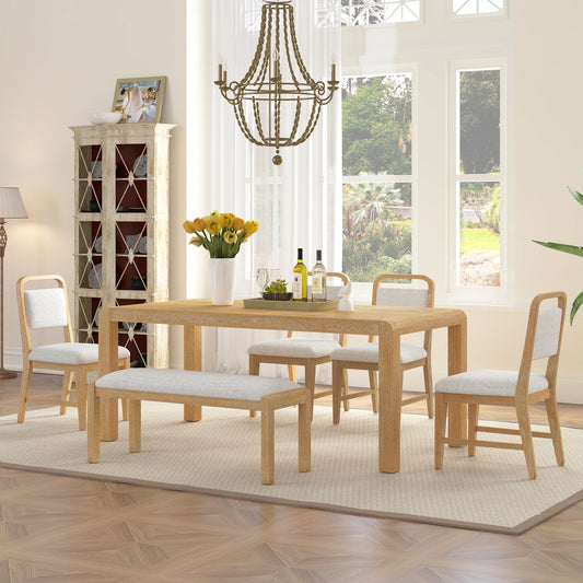 [Video Provided] TREXM Vintage Extendable Dining Table Set for 4 - 6 with 4 Upholstered Chairs and 1 Bench, Rustic Wire Brushed Kitchen Table Set with Curved Design for Dining Room and Kitchen (Natural) - 1st Choice Furniture Direct