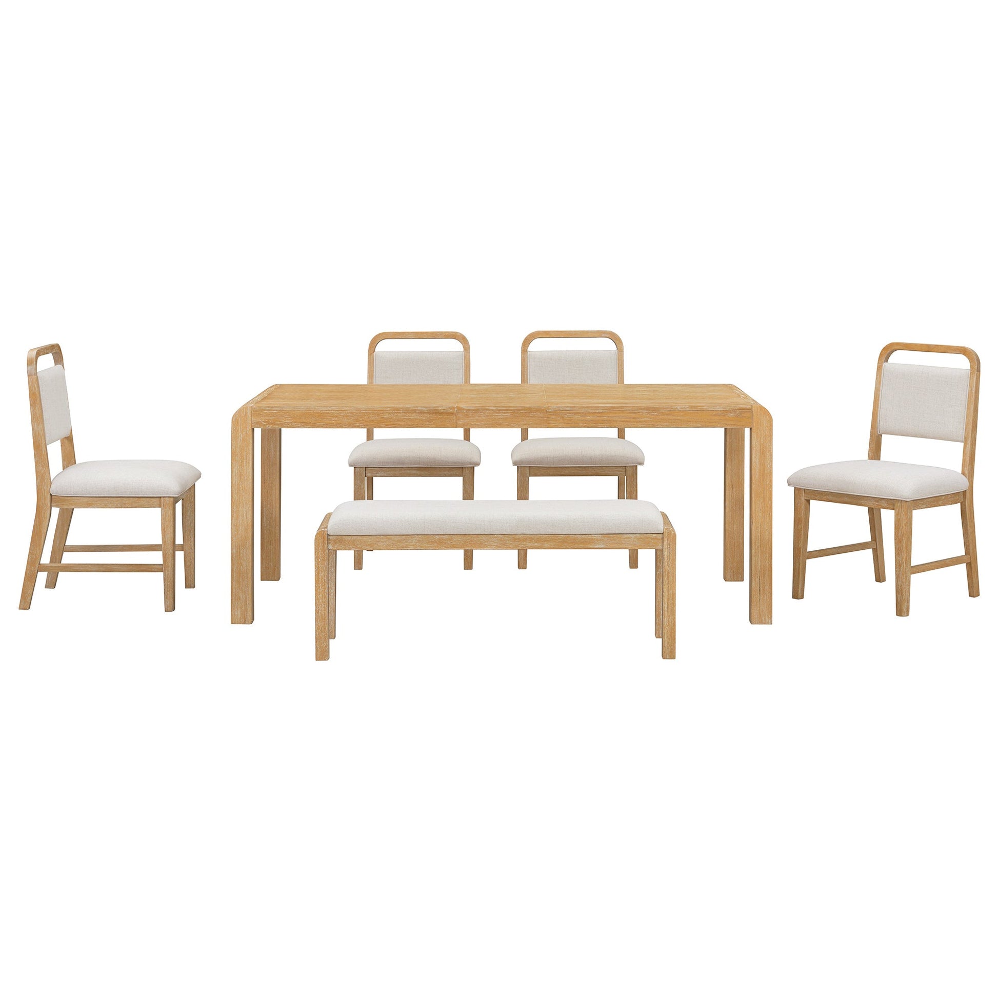[Video Provided] TREXM Vintage Extendable Dining Table Set for 4 - 6 with 4 Upholstered Chairs and 1 Bench, Rustic Wire Brushed Kitchen Table Set with Curved Design for Dining Room and Kitchen (Natural) - 1st Choice Furniture Direct