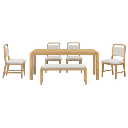 [Video Provided] TREXM Vintage Extendable Dining Table Set for 4 - 6 with 4 Upholstered Chairs and 1 Bench, Rustic Wire Brushed Kitchen Table Set with Curved Design for Dining Room and Kitchen (Natural) - 1st Choice Furniture Direct