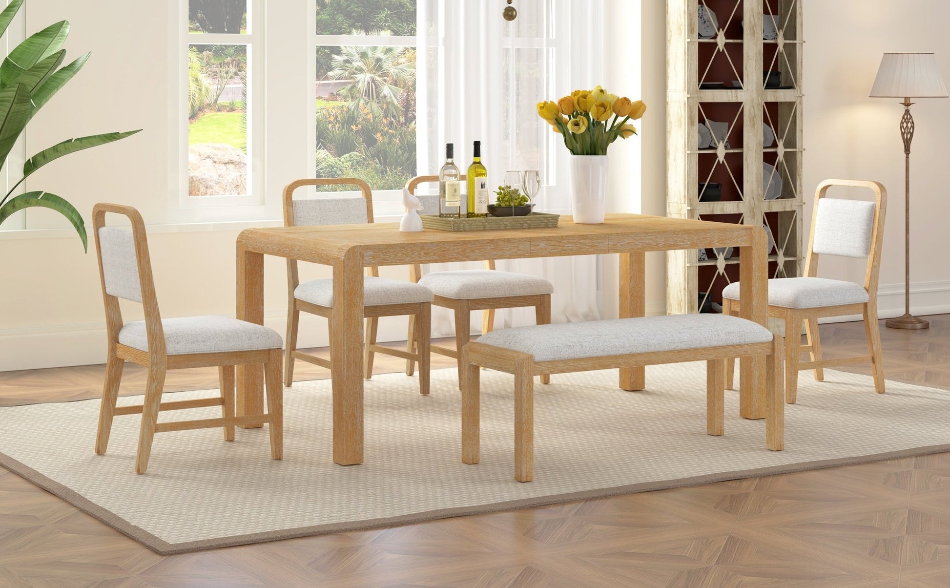 [Video Provided] TREXM Vintage Extendable Dining Table Set for 4 - 6 with 4 Upholstered Chairs and 1 Bench, Rustic Wire Brushed Kitchen Table Set with Curved Design for Dining Room and Kitchen (Natural) - 1st Choice Furniture Direct