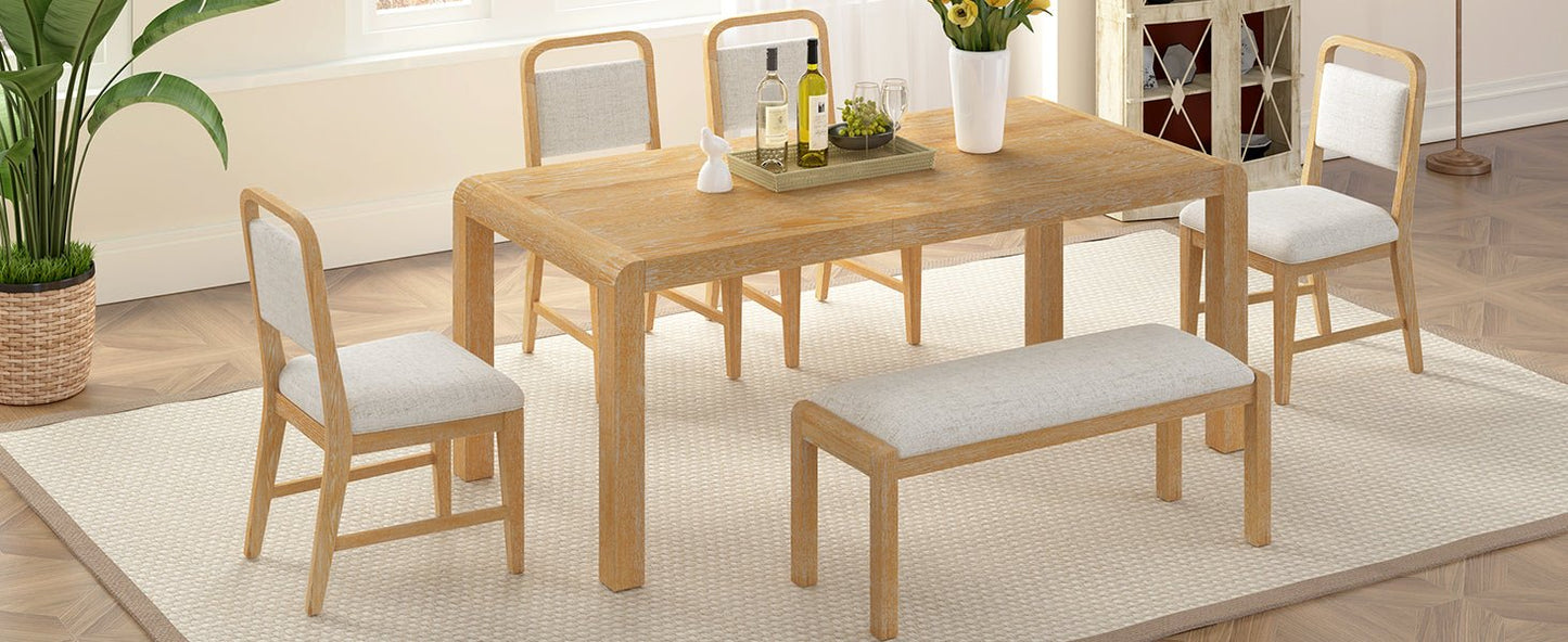 [Video Provided] TREXM Vintage Extendable Dining Table Set for 4 - 6 with 4 Upholstered Chairs and 1 Bench, Rustic Wire Brushed Kitchen Table Set with Curved Design for Dining Room and Kitchen (Natural) - 1st Choice Furniture Direct