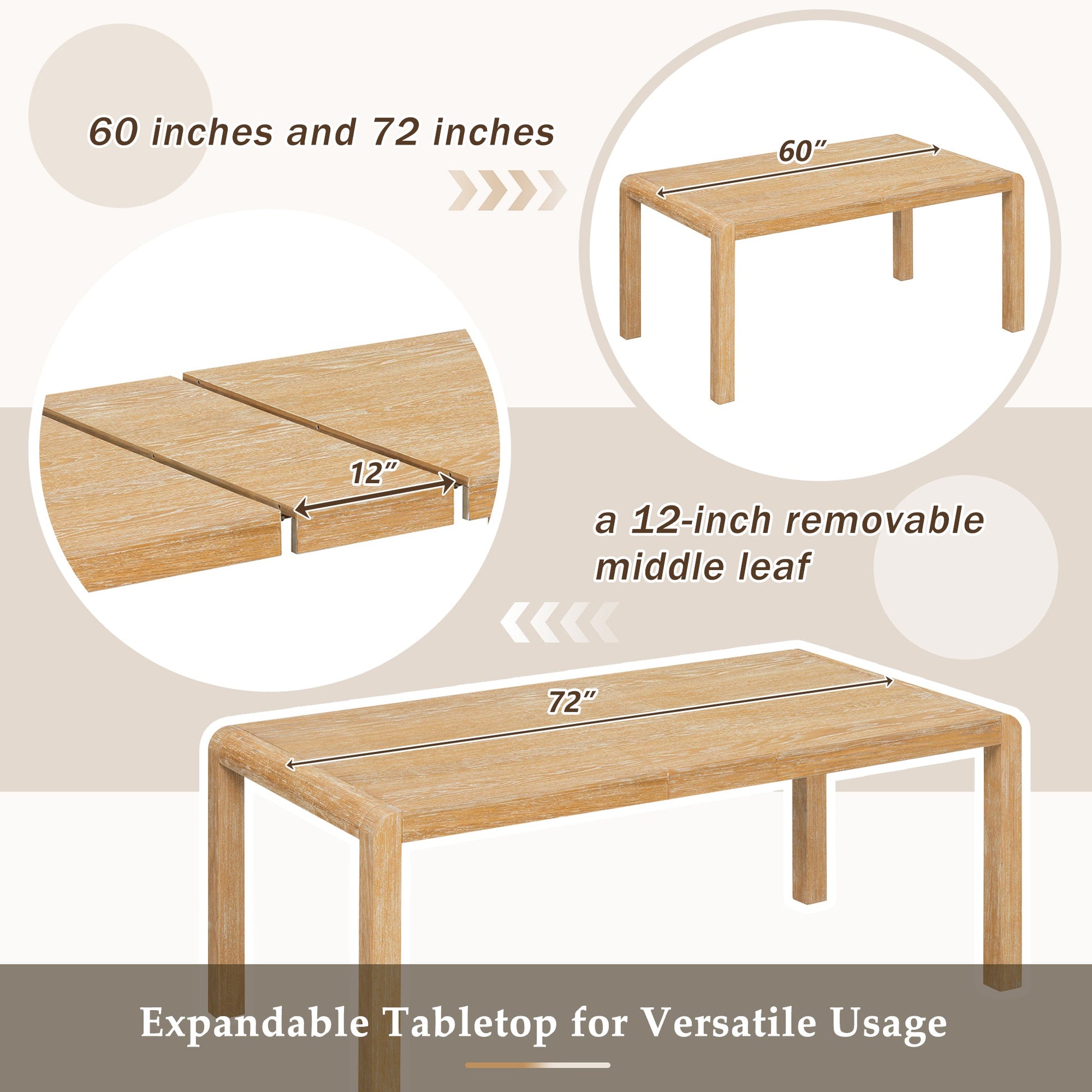 [Video Provided] TREXM Vintage Extendable Dining Table Set for 4 - 6 with 4 Upholstered Chairs and 1 Bench, Rustic Wire Brushed Kitchen Table Set with Curved Design for Dining Room and Kitchen (Natural) - 1st Choice Furniture Direct