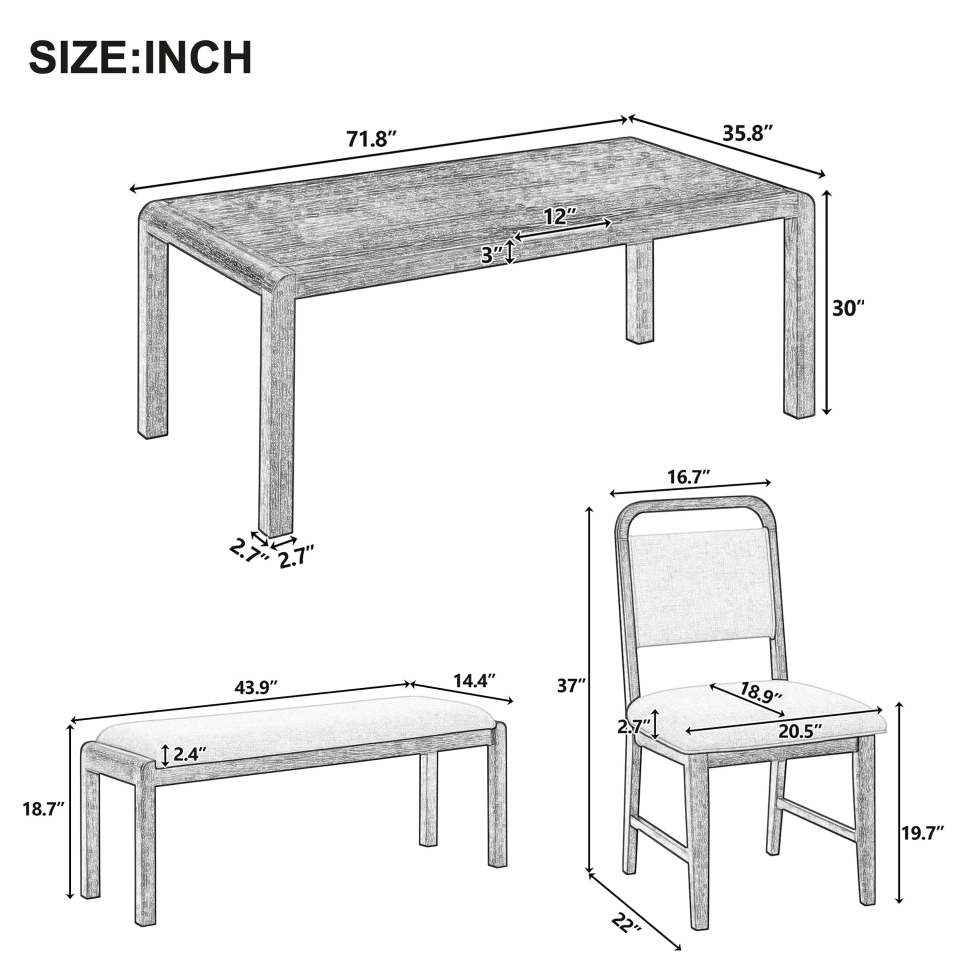 [Video Provided] TREXM Vintage Extendable Dining Table Set for 4 - 6 with 4 Upholstered Chairs and 1 Bench, Rustic Wire Brushed Kitchen Table Set with Curved Design for Dining Room and Kitchen (Natural) - 1st Choice Furniture Direct