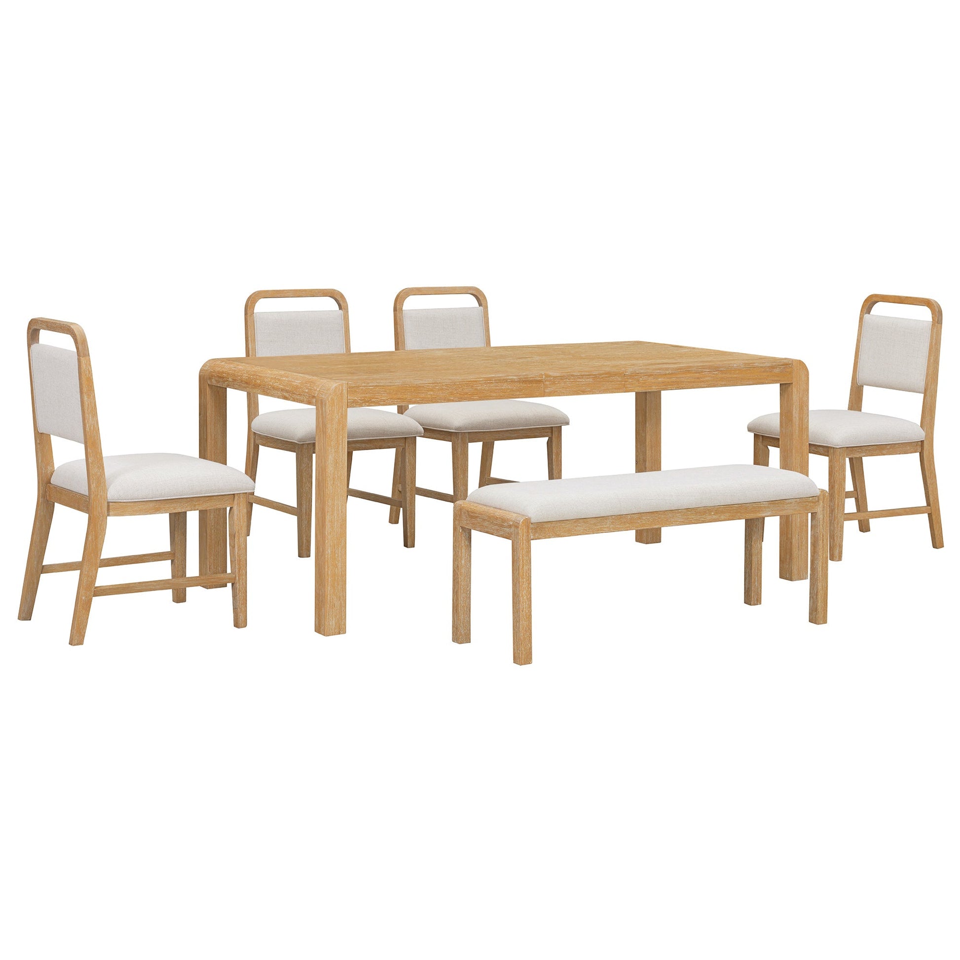 [Video Provided] TREXM Vintage Extendable Dining Table Set for 4 - 6 with 4 Upholstered Chairs and 1 Bench, Rustic Wire Brushed Kitchen Table Set with Curved Design for Dining Room and Kitchen (Natural) - 1st Choice Furniture Direct