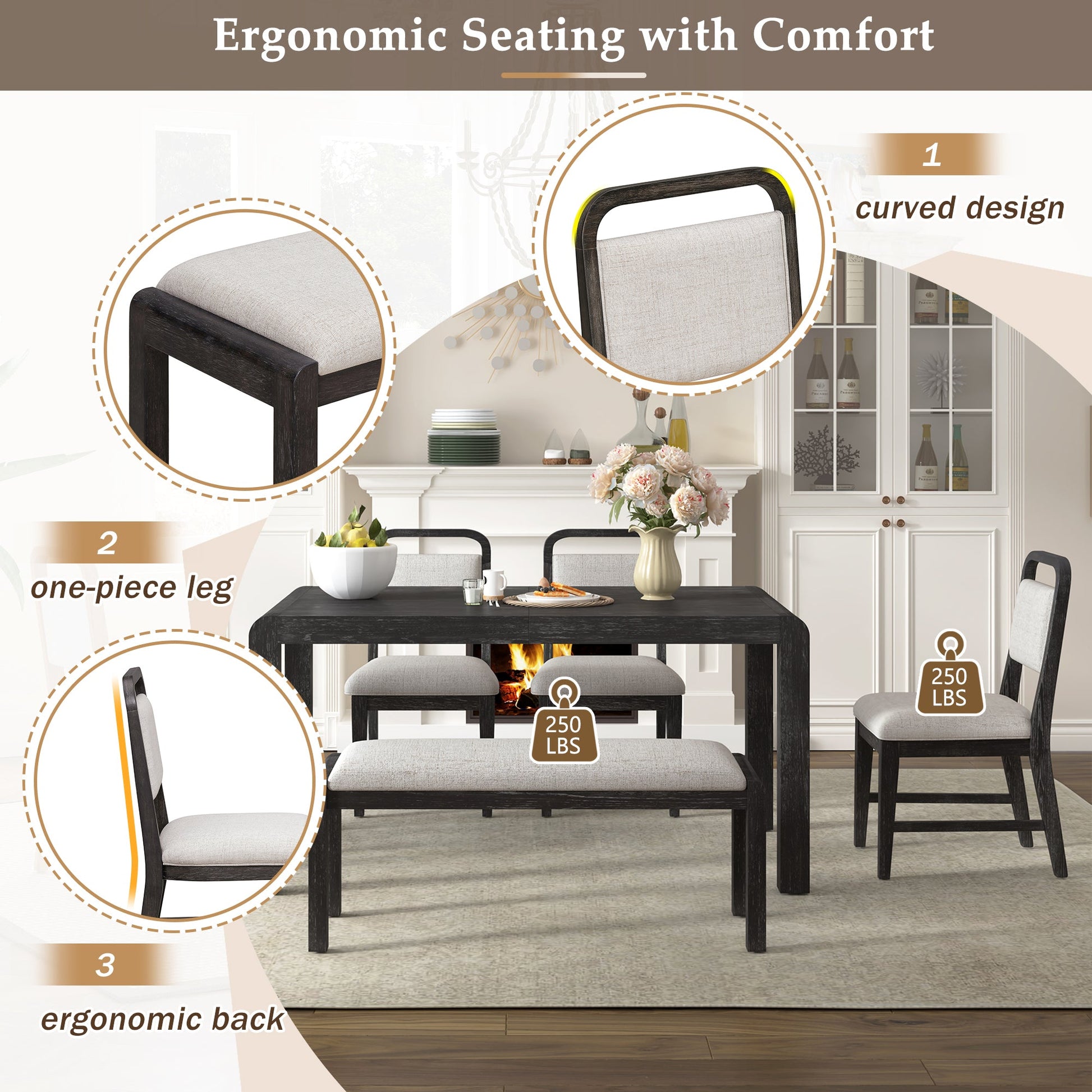 [Video Provided]TREXM Vintage Extendable Dining Table Set for 4 - 6 with 4 Upholstered Chairs and 1 Bench, Rustic Wire Brushed Kitchen Table Set with Curved Design for Dining Room and Kitchen (Espresso) - 1st Choice Furniture Direct