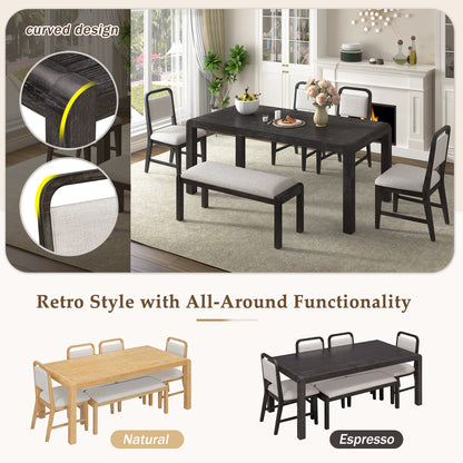 [Video Provided]TREXM Vintage Extendable Dining Table Set for 4 - 6 with 4 Upholstered Chairs and 1 Bench, Rustic Wire Brushed Kitchen Table Set with Curved Design for Dining Room and Kitchen (Espresso) - 1st Choice Furniture Direct
