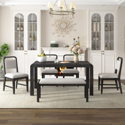 [Video Provided]TREXM Vintage Extendable Dining Table Set for 4 - 6 with 4 Upholstered Chairs and 1 Bench, Rustic Wire Brushed Kitchen Table Set with Curved Design for Dining Room and Kitchen (Espresso) - 1st Choice Furniture Direct