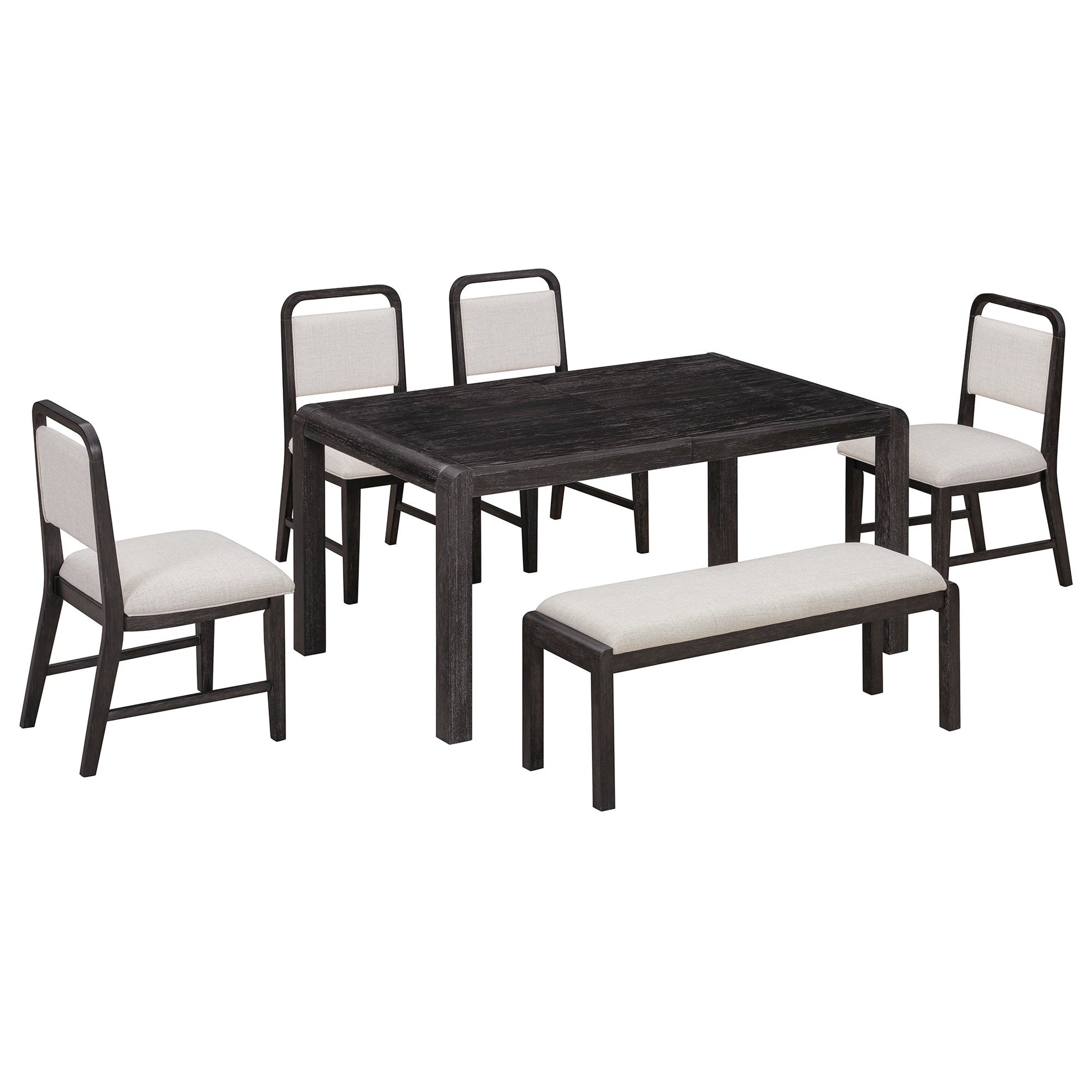 [Video Provided]TREXM Vintage Extendable Dining Table Set for 4 - 6 with 4 Upholstered Chairs and 1 Bench, Rustic Wire Brushed Kitchen Table Set with Curved Design for Dining Room and Kitchen (Espresso) - 1st Choice Furniture Direct