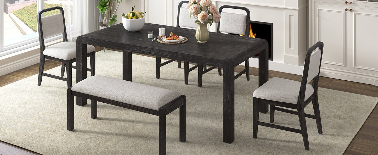 [Video Provided]TREXM Vintage Extendable Dining Table Set for 4 - 6 with 4 Upholstered Chairs and 1 Bench, Rustic Wire Brushed Kitchen Table Set with Curved Design for Dining Room and Kitchen (Espresso) - 1st Choice Furniture Direct