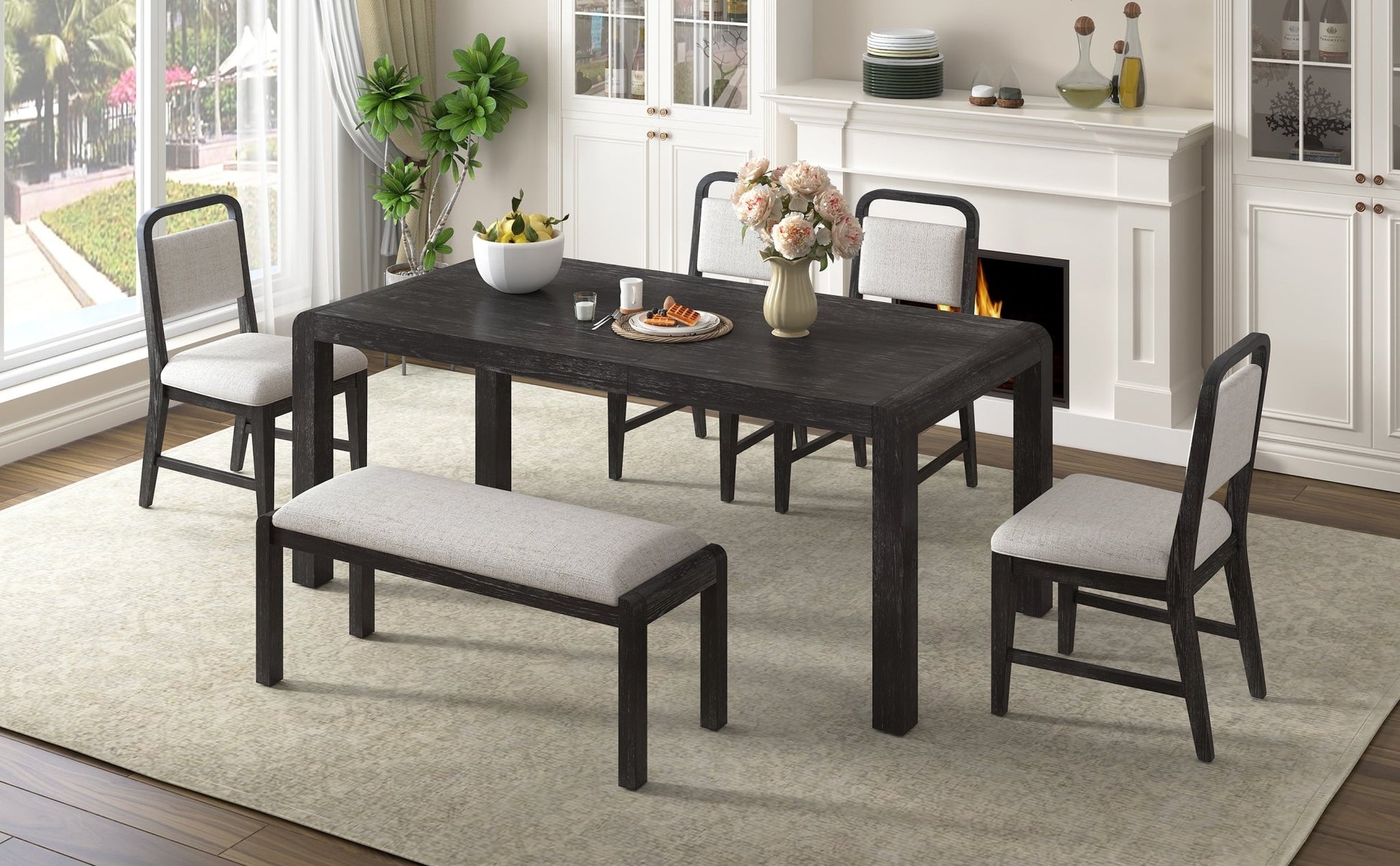[Video Provided]TREXM Vintage Extendable Dining Table Set for 4 - 6 with 4 Upholstered Chairs and 1 Bench, Rustic Wire Brushed Kitchen Table Set with Curved Design for Dining Room and Kitchen (Espresso) - 1st Choice Furniture Direct