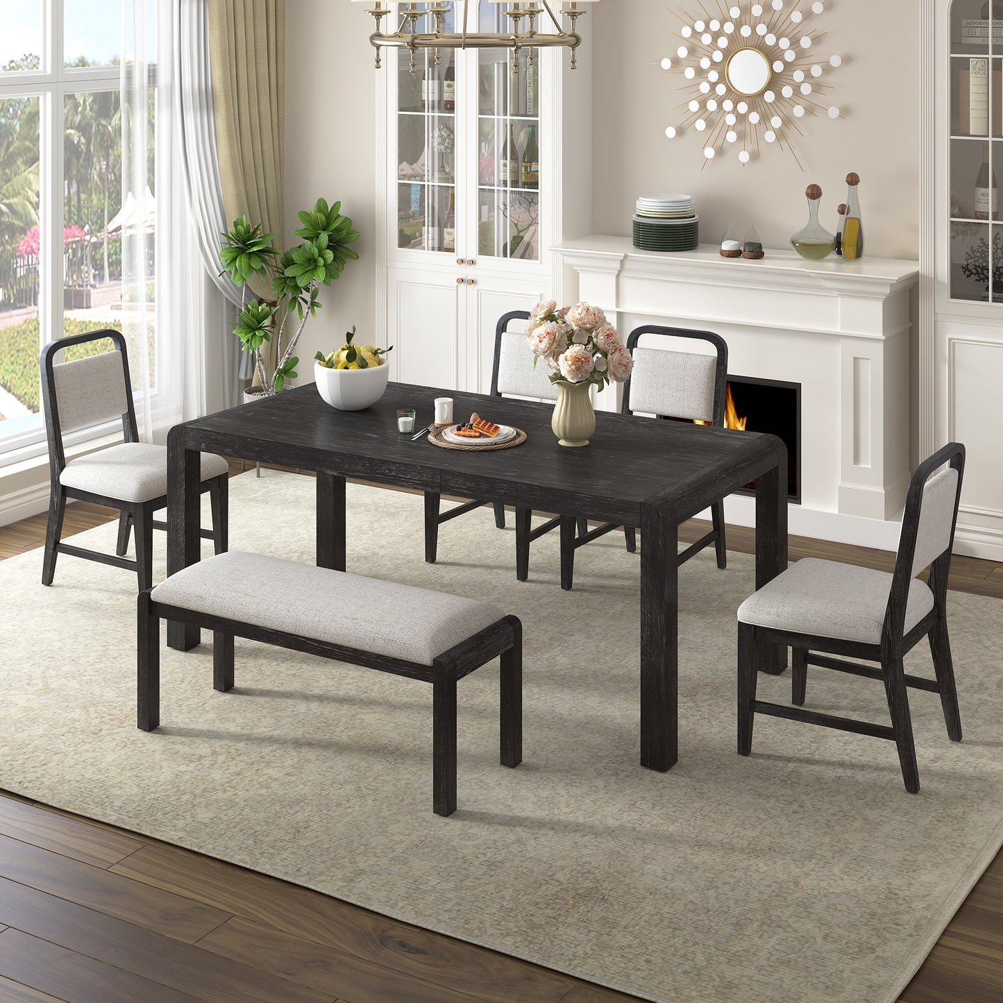 [Video Provided]TREXM Vintage Extendable Dining Table Set for 4 - 6 with 4 Upholstered Chairs and 1 Bench, Rustic Wire Brushed Kitchen Table Set with Curved Design for Dining Room and Kitchen (Espresso) - 1st Choice Furniture Direct