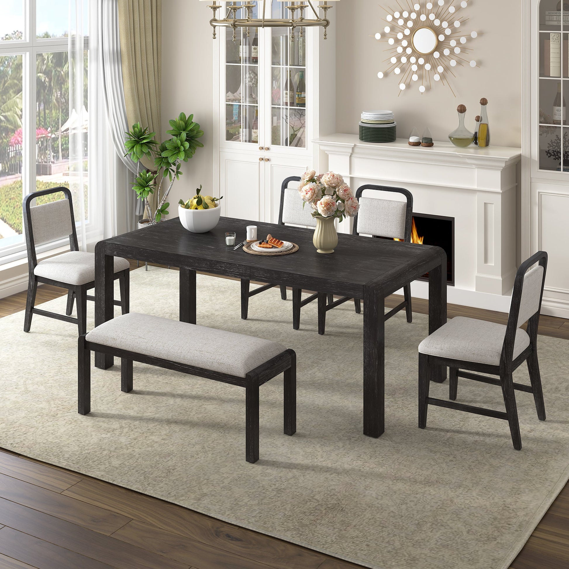 [Video Provided]TREXM Vintage Extendable Dining Table Set for 4 - 6 with 4 Upholstered Chairs and 1 Bench, Rustic Wire Brushed Kitchen Table Set with Curved Design for Dining Room and Kitchen (Espresso) - 1st Choice Furniture Direct