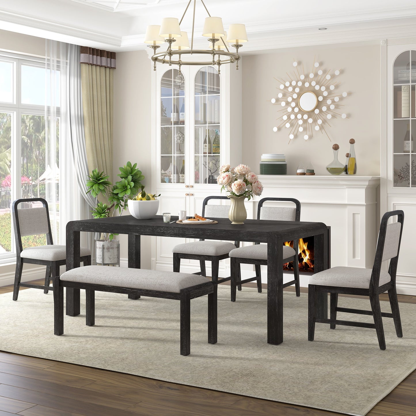 [Video Provided]TREXM Vintage Extendable Dining Table Set for 4 - 6 with 4 Upholstered Chairs and 1 Bench, Rustic Wire Brushed Kitchen Table Set with Curved Design for Dining Room and Kitchen (Espresso) - 1st Choice Furniture Direct