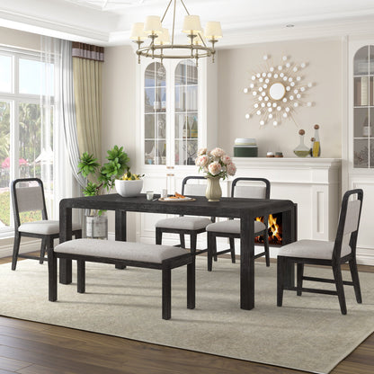 [Video Provided]TREXM Vintage Extendable Dining Table Set for 4 - 6 with 4 Upholstered Chairs and 1 Bench, Rustic Wire Brushed Kitchen Table Set with Curved Design for Dining Room and Kitchen (Espresso) - 1st Choice Furniture Direct