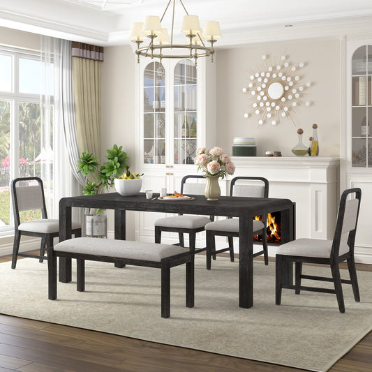 [Video Provided]TREXM Vintage Extendable Dining Table Set for 4 - 6 with 4 Upholstered Chairs and 1 Bench, Rustic Wire Brushed Kitchen Table Set with Curved Design for Dining Room and Kitchen (Espresso) - 1st Choice Furniture Direct