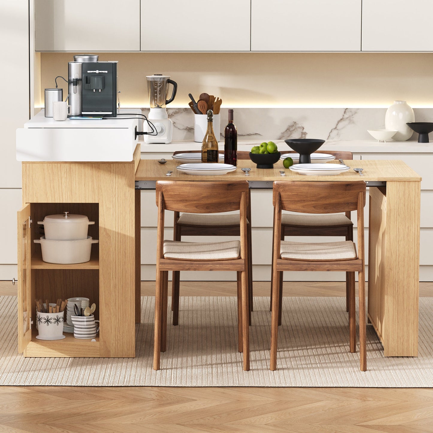 [VIDEO] TREXM Extendable Dining Table with Folding Tabletop, Bar Table with Drawers and Power Outlet, Kitchen Island with Wheels and Hooks, Sideboard for Kitchen and Dining Room (Natural+Creamy White) - 1st Choice Furniture Direct