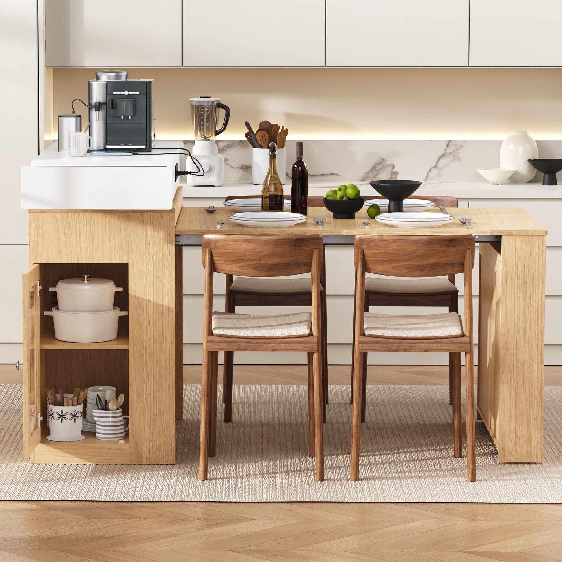 [VIDEO] TREXM Extendable Dining Table with Folding Tabletop, Bar Table with Drawers and Power Outlet, Kitchen Island with Wheels and Hooks, Sideboard for Kitchen and Dining Room (Natural+Creamy White) - 1st Choice Furniture Direct