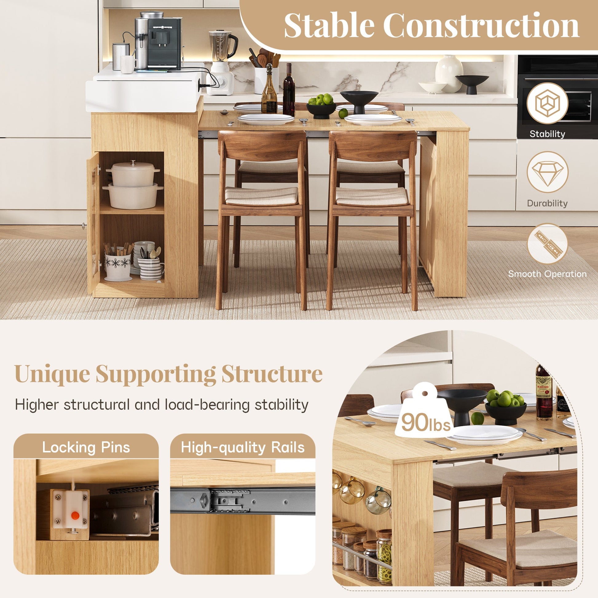 [VIDEO] TREXM Extendable Dining Table with Folding Tabletop, Bar Table with Drawers and Power Outlet, Kitchen Island with Wheels and Hooks, Sideboard for Kitchen and Dining Room (Natural+Creamy White) - 1st Choice Furniture Direct