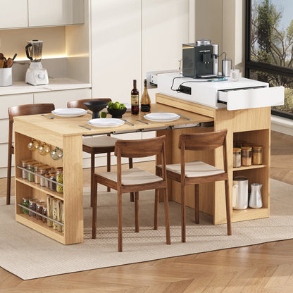 [VIDEO] TREXM Extendable Dining Table with Folding Tabletop, Bar Table with Drawers and Power Outlet, Kitchen Island with Wheels and Hooks, Sideboard for Kitchen and Dining Room (Natural+Creamy White) - 1st Choice Furniture Direct