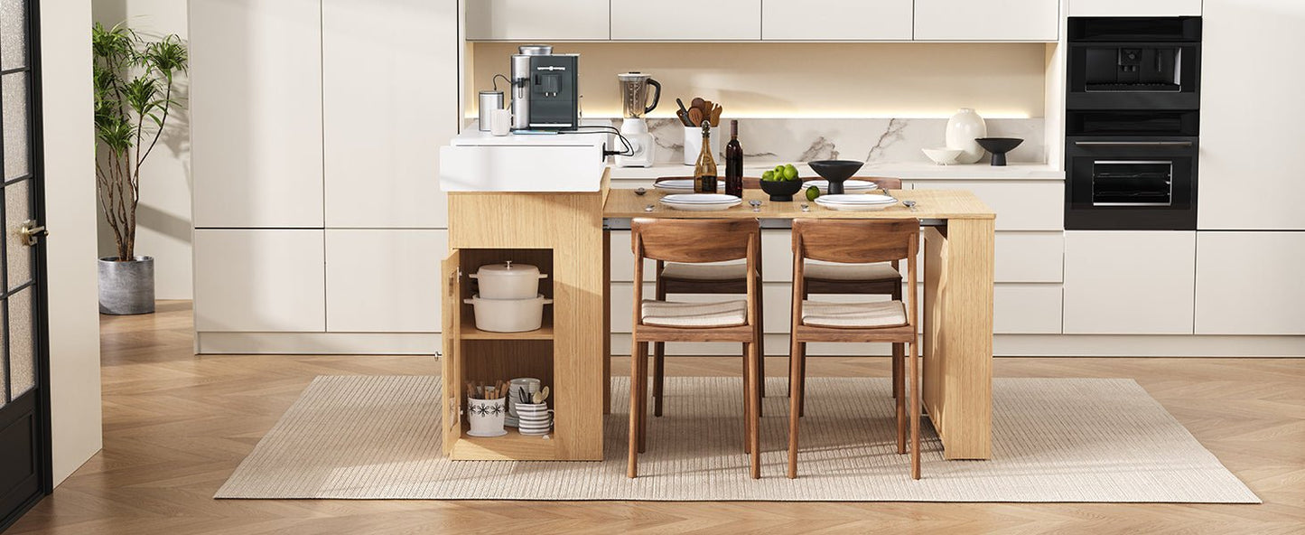 [VIDEO] TREXM Extendable Dining Table with Folding Tabletop, Bar Table with Drawers and Power Outlet, Kitchen Island with Wheels and Hooks, Sideboard for Kitchen and Dining Room (Natural+Creamy White) - 1st Choice Furniture Direct