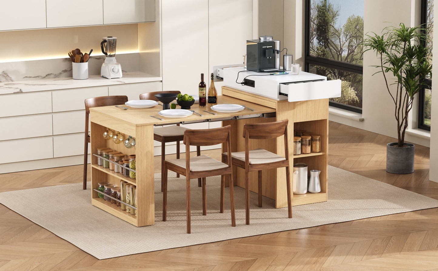 [VIDEO] TREXM Extendable Dining Table with Folding Tabletop, Bar Table with Drawers and Power Outlet, Kitchen Island with Wheels and Hooks, Sideboard for Kitchen and Dining Room (Natural+Creamy White) - 1st Choice Furniture Direct