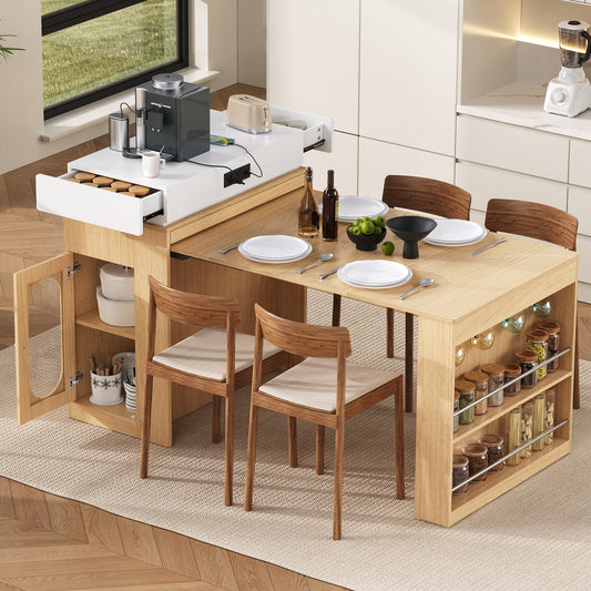 [VIDEO] TREXM Extendable Dining Table with Folding Tabletop, Bar Table with Drawers and Power Outlet, Kitchen Island with Wheels and Hooks, Sideboard for Kitchen and Dining Room (Natural+Creamy White) - 1st Choice Furniture Direct