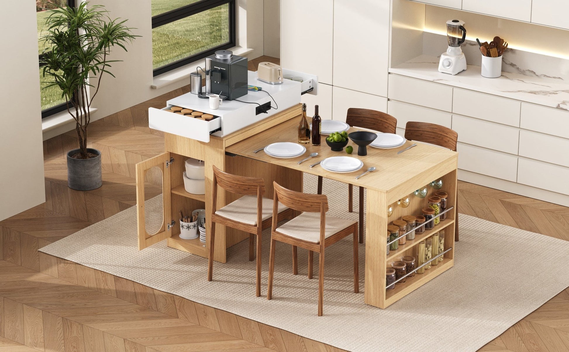 [VIDEO] TREXM Extendable Dining Table with Folding Tabletop, Bar Table with Drawers and Power Outlet, Kitchen Island with Wheels and Hooks, Sideboard for Kitchen and Dining Room (Natural+Creamy White) - 1st Choice Furniture Direct