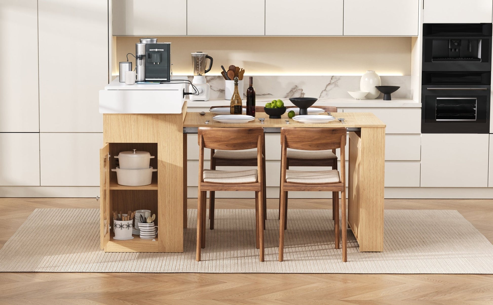 [VIDEO] TREXM Extendable Dining Table with Folding Tabletop, Bar Table with Drawers and Power Outlet, Kitchen Island with Wheels and Hooks, Sideboard for Kitchen and Dining Room (Natural+Creamy White) - 1st Choice Furniture Direct
