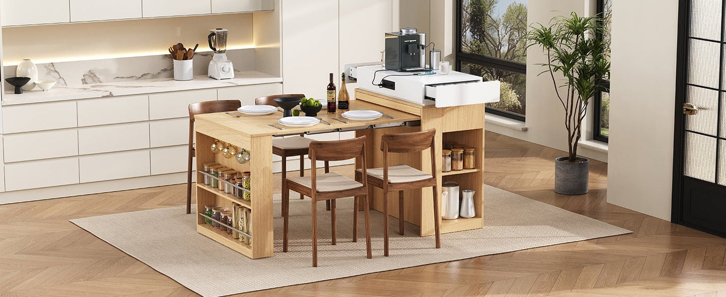[VIDEO] TREXM Extendable Dining Table with Folding Tabletop, Bar Table with Drawers and Power Outlet, Kitchen Island with Wheels and Hooks, Sideboard for Kitchen and Dining Room (Natural+Creamy White) - 1st Choice Furniture Direct