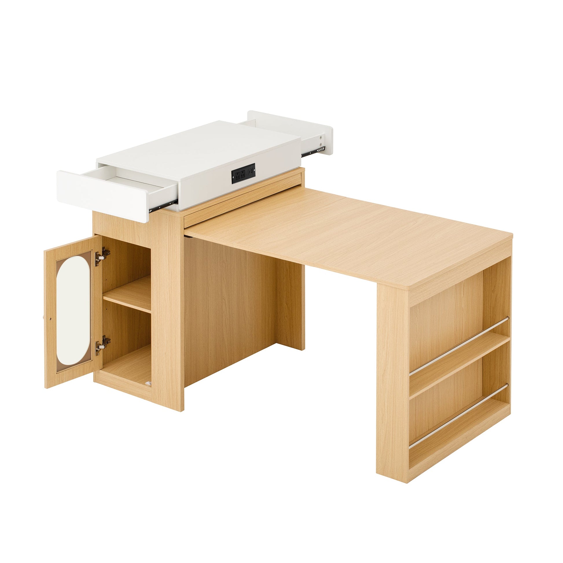 [VIDEO] TREXM Extendable Dining Table with Folding Tabletop, Bar Table with Drawers and Power Outlet, Kitchen Island with Wheels and Hooks, Sideboard for Kitchen and Dining Room (Natural+Creamy White) - 1st Choice Furniture Direct