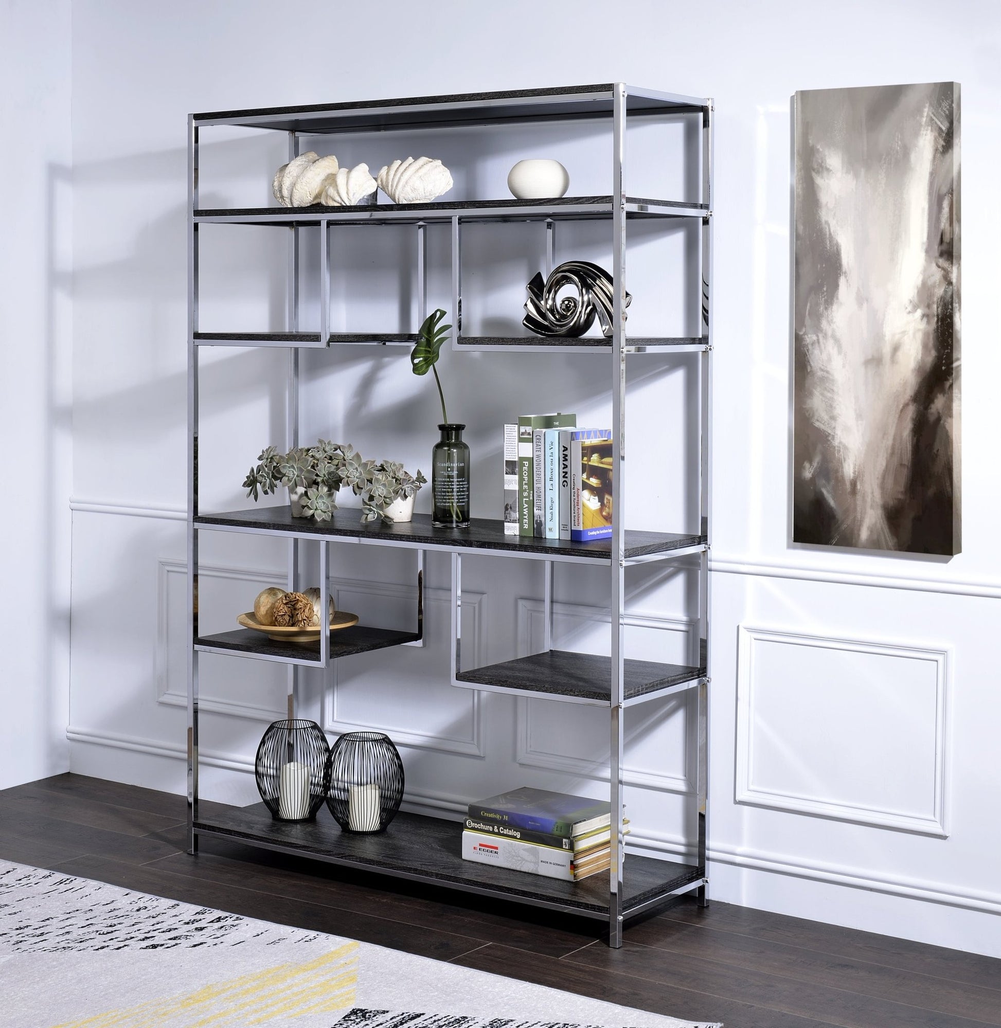 Vonara Rustic Gray Oak & Chrome Finish Bookshelf - 1st Choice Furniture Direct