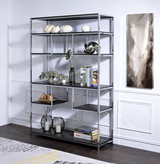 Vonara Rustic Gray Oak & Chrome Finish Bookshelf - 1st Choice Furniture Direct