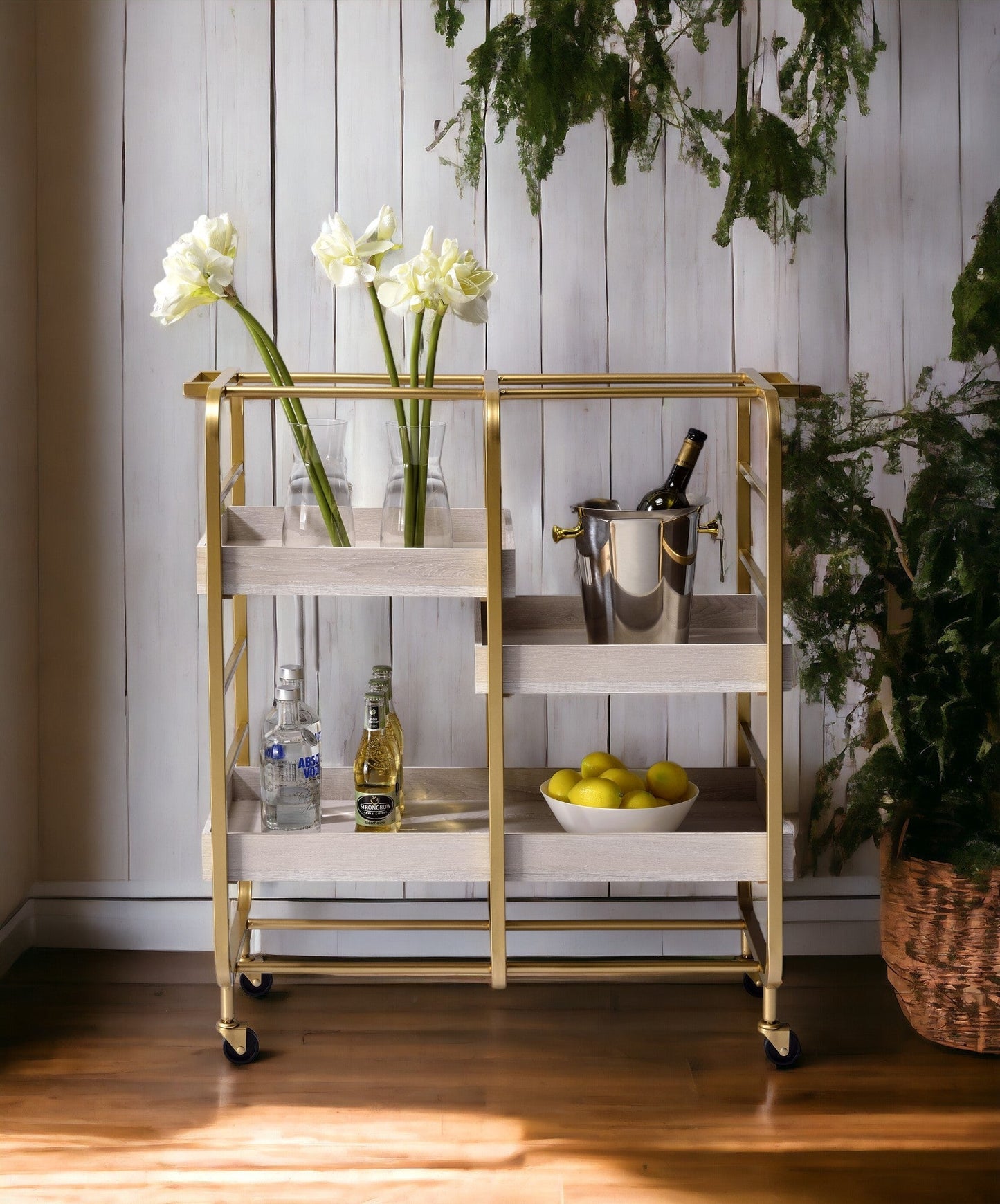 Vorrik Gold & White Washed Finish Serving Cart - 1st Choice Furniture Direct