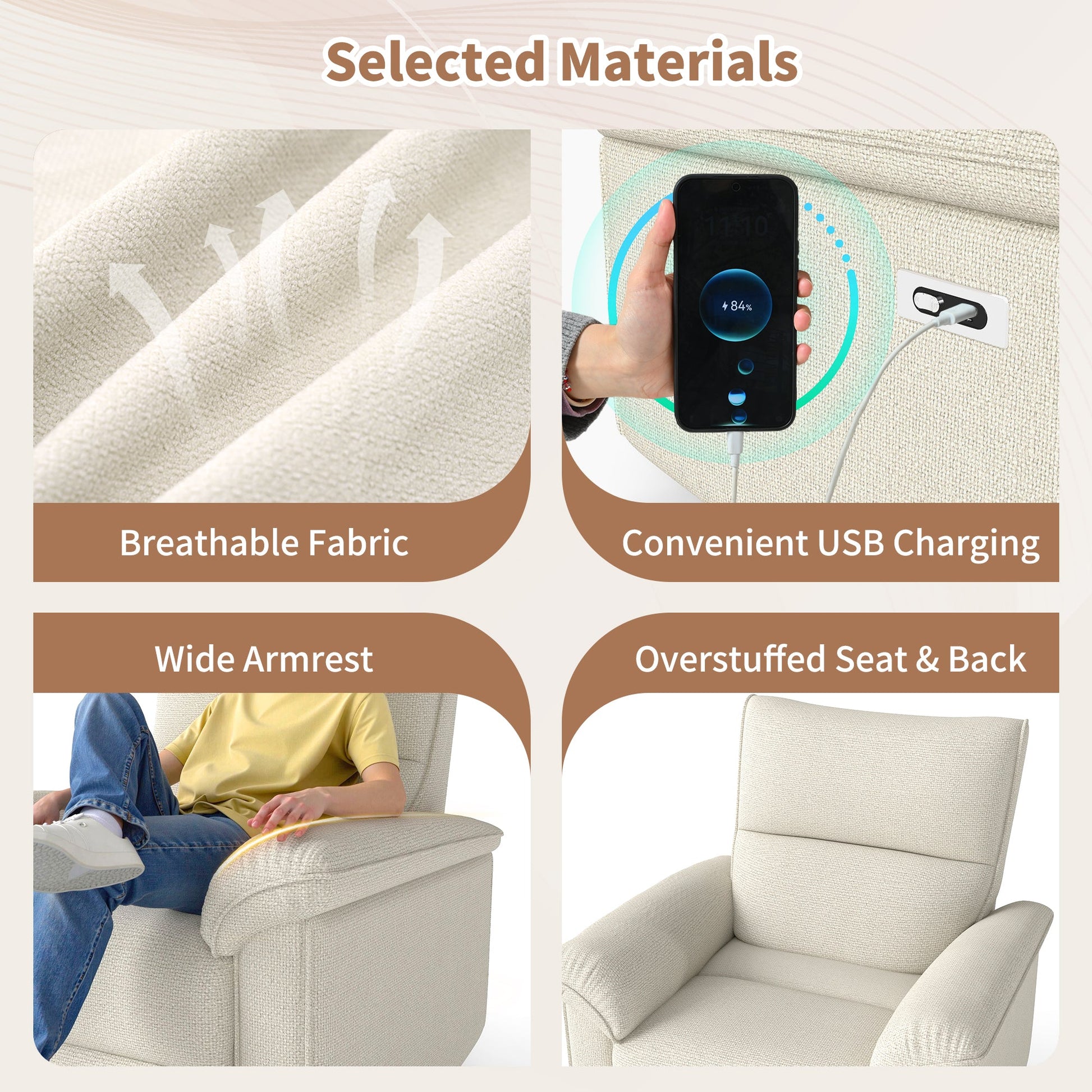 Wall Hugger Recliner,Zero Wall Power Recliner Chair,Electric Recliner for Living Room,Fabric Reclining Armchair for small space,Reclining Sofa for Bedroom/Apartment/RV,USB Port(Type - C) (Beige - gray) - 1st Choice Furniture Direct