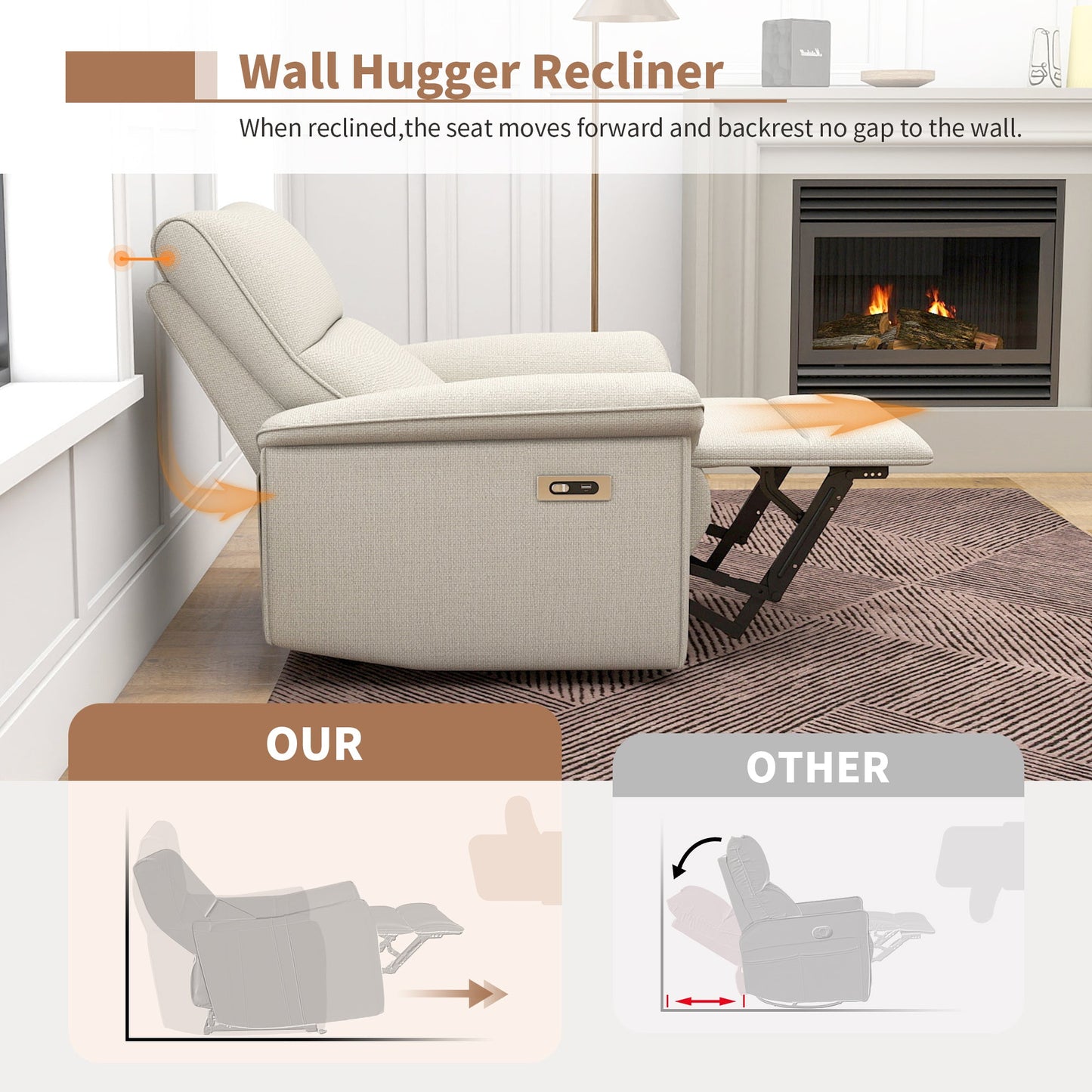 Wall Hugger Recliner,Zero Wall Power Recliner Chair,Electric Recliner for Living Room,Fabric Reclining Armchair for small space,Reclining Sofa for Bedroom/Apartment/RV,USB Port(Type - C) (Beige - gray) - 1st Choice Furniture Direct