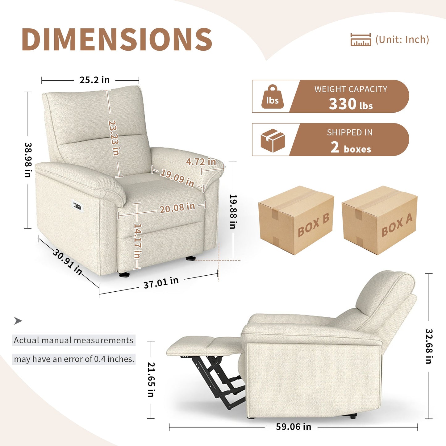 Wall Hugger Recliner,Zero Wall Power Recliner Chair,Electric Recliner for Living Room,Fabric Reclining Armchair for small space,Reclining Sofa for Bedroom/Apartment/RV,USB Port(Type - C) (Beige - gray) - 1st Choice Furniture Direct