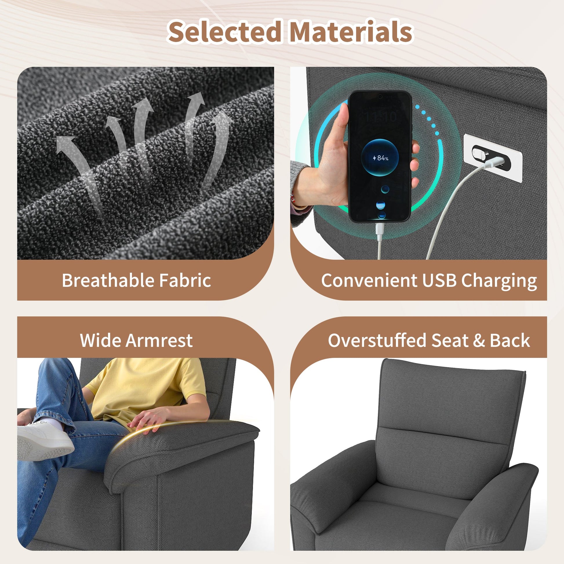 Wall Hugger Recliner,Zero Wall Power Recliner Chair,Electric Recliner for Living Room,Fabric Reclining Armchair for small space,Reclining Sofa for Bedroom/Apartment/RV,USB Port(Type - C) (Dark Gray) - 1st Choice Furniture Direct