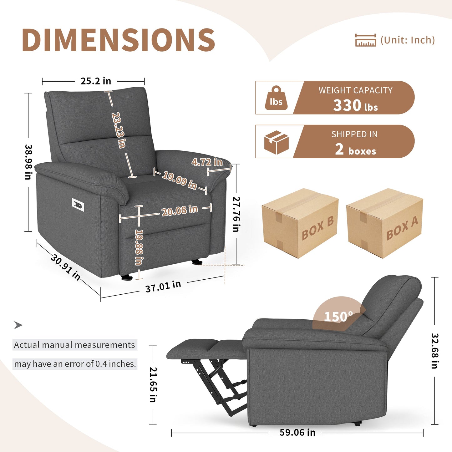 Wall Hugger Recliner,Zero Wall Power Recliner Chair,Electric Recliner for Living Room,Fabric Reclining Armchair for small space,Reclining Sofa for Bedroom/Apartment/RV,USB Port(Type - C) (Dark Gray) - 1st Choice Furniture Direct