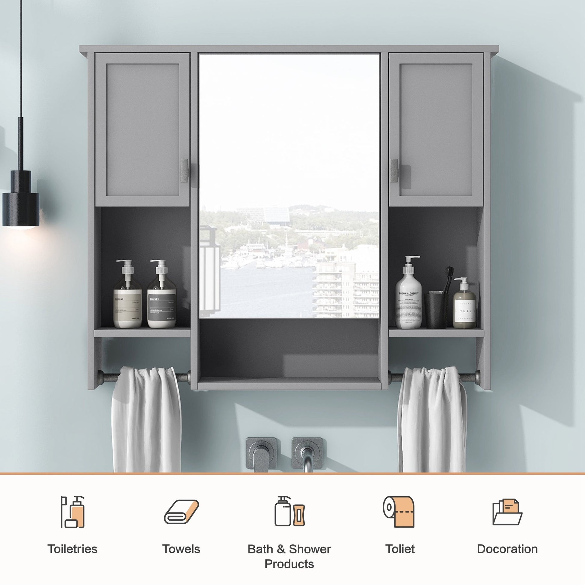 Wall Mounted Mirror Medicine Cabinet with Storage – Grey Bathroom Cabinet - 1st Choice Furniture Direct
